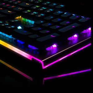 Closeup of the Rosewill NEON K75 V2 lit up with RGB