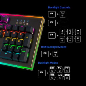 Closeup of the Rosewill NEON K75 V2 with graphics showing the different key combinations for certain functions