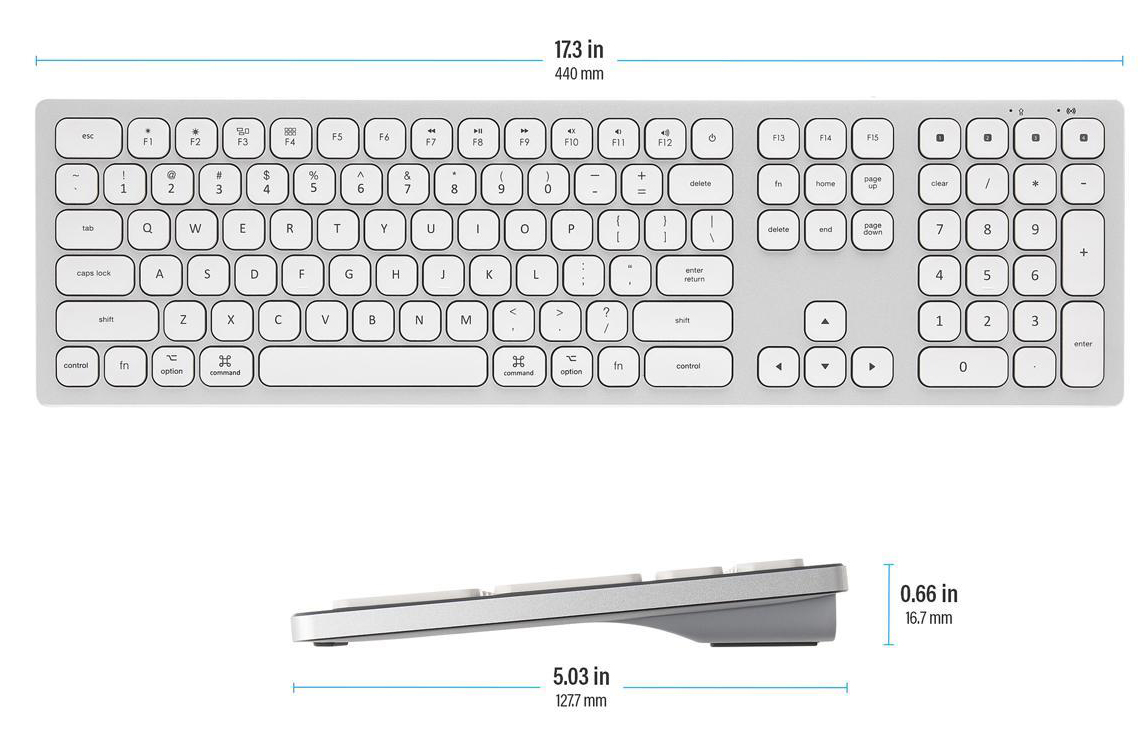 Two keyboards with one facing top showing length and the other one facing sideway showing width and thickness 