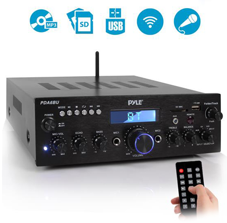 PYLE AUDIO - HOME PDA6BU BT STEREO AMP RECEIVER facing forward and MP3 icon, SD icon, USB icon, WiFi icon, Microphone icon