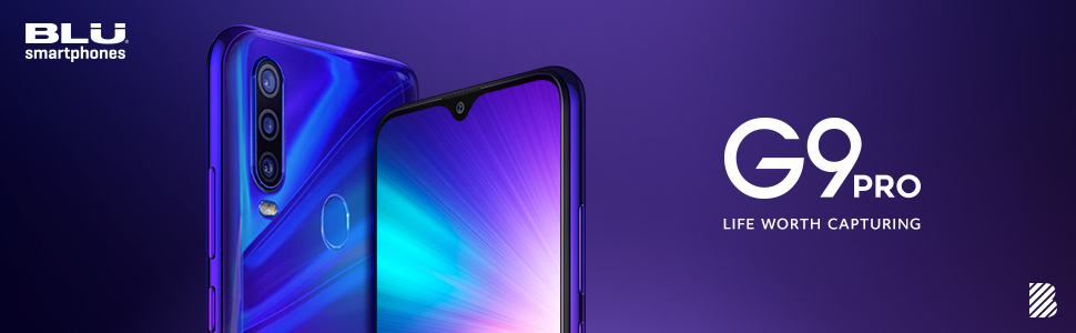 BLU G9 Pro Andorid smartphone front and rear views with a G9 Pro slogan