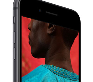  Front upper half of iPhone 8, angled to the right, with screen showing picture with vivid, fade-free colors  