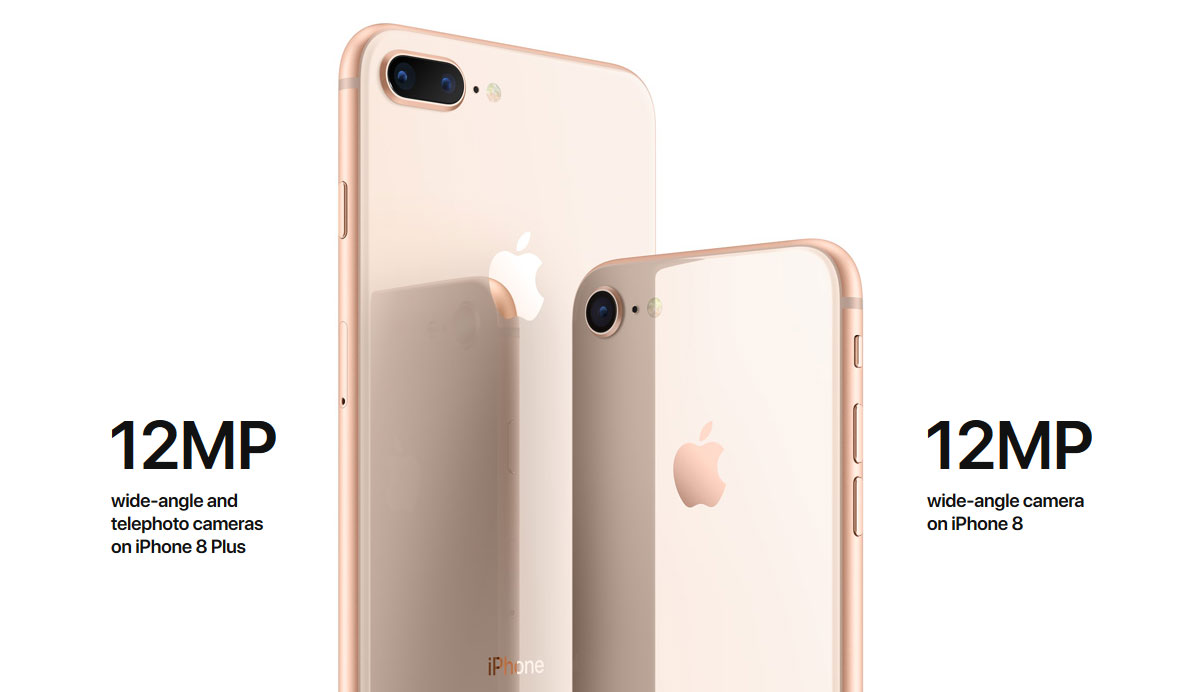  Rear of iPhone 8 and iPhone 8 Plus, with texts describing dual cameras of Plus mode and single of non-plus model  