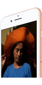  Front upper part of iPhone 8, angled to the left, with screen showing a female wearing a hat  