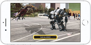  Front view of iPhone 8 in horizontal orientation, with screen showing a robot and a flying dragon on a playground where some people are playing basket ball  