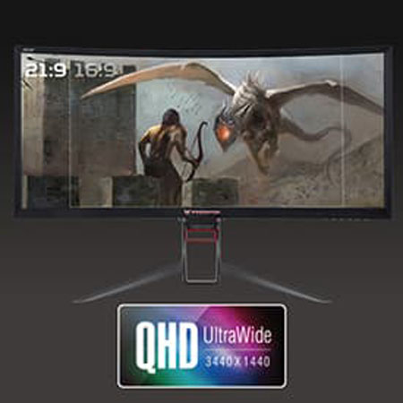a QHD logo and Acer Predator Z35P showing a man fighting with a dragon