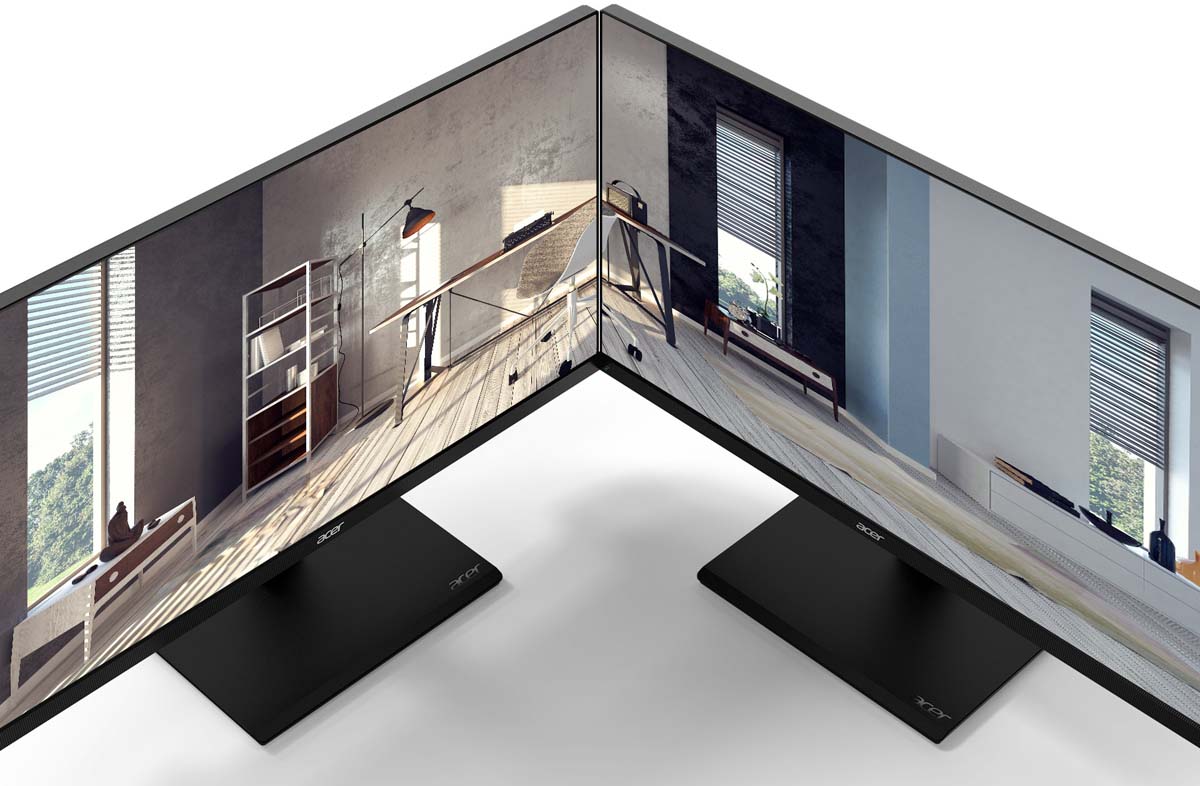 Two Acer V227U Angled Towards Each Other, Side by Side, Sharing an Image of an indoor home office with modern decor