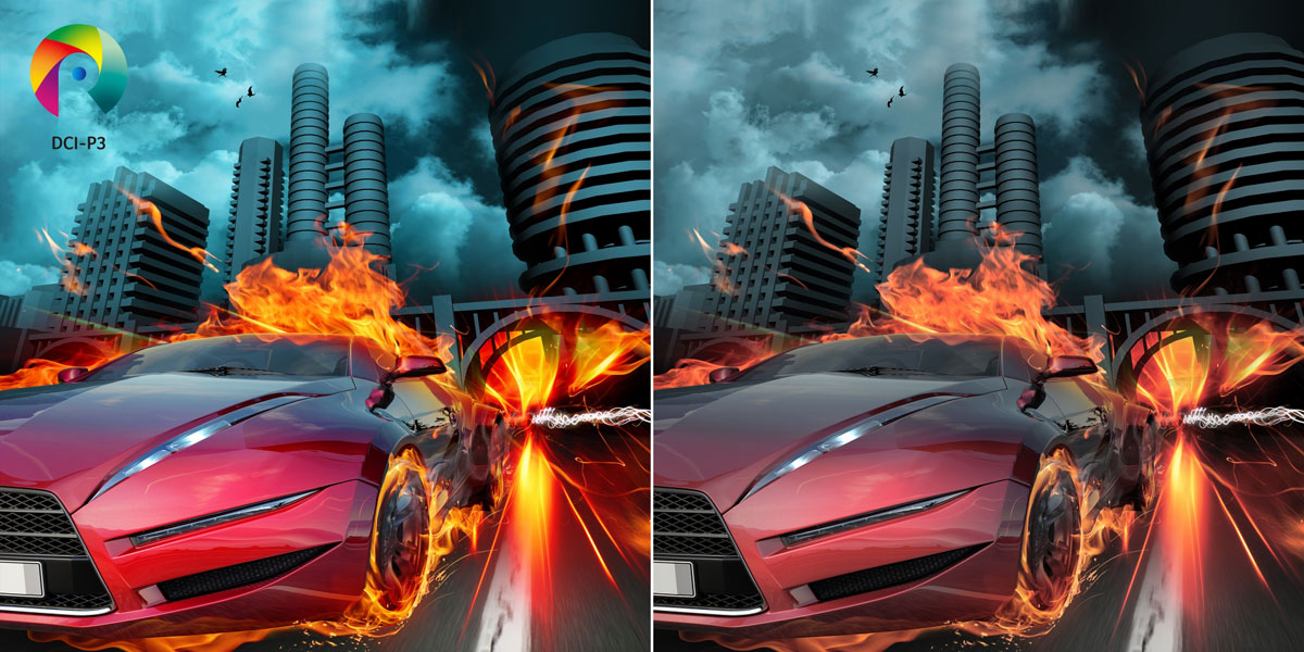 Two images of a racer car with flames roaring through a city freeway with skyscrapers in the background side by side, the left image has more vibrant colors thanks to DCI-p3