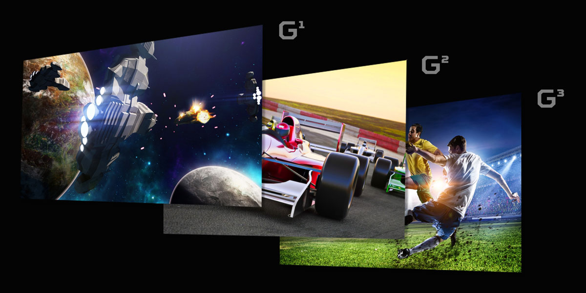 Three different windows showing 1) a scifi ship flaying in between planets in space during combat, 2) race cars zooming forward on a track and 3) a soccer game at field level. Each display from left to right has a graphic that reads G1, G2 and G3