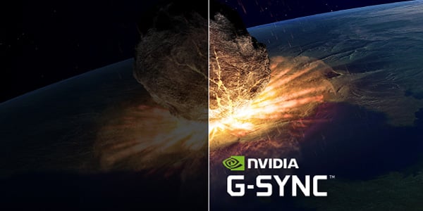 A nuclear explosion on a planet's surface, the left side is dim while the right side of the image is bright with the NVIDIA G-SYNC Badge