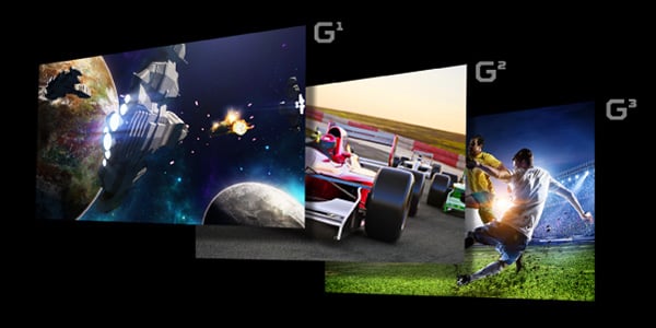 Three different screenfills, one of a spaceship battle between two planets, the other of F1 racing cars speeding through a road and another of a live soccer game up close to two opposing players with the ball