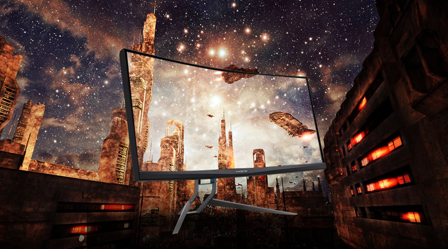 Acer Predator X35 Monitor Blending in with a Sci-Fi Designed City with Spacecraft in the Sky and Bright Stars and a Milky Galaxy Above