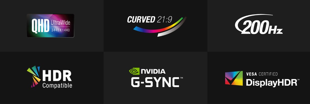 Badges for QHD UltraWide 3440x1440, Curved 21:9, 200Hz, HDR Compatible, NVIDIA G-SYNC and VESA CERTIFIED DisplayHDR