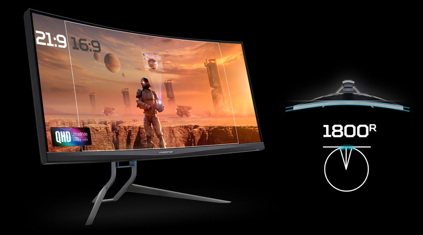 Acer Predator X35 Monitor Angled to the Right showing a suited astronaut on a desert planet with planets and buildings behind him. Text and graphics indicate the monitor has 21:9 aspect ratio and 1800R curvature