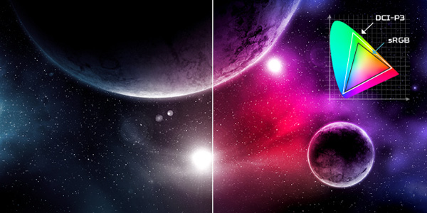 Color gamut banner of a pink, blue and black galactic image of planets