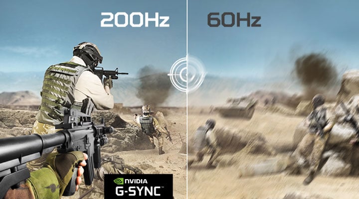 Image of counter terrorist operatives in a desert firefight. the left side of the image is crisp with 200Hz and the NVIDIA G-SYNC badge, while the right side is more blurry with 60Hz