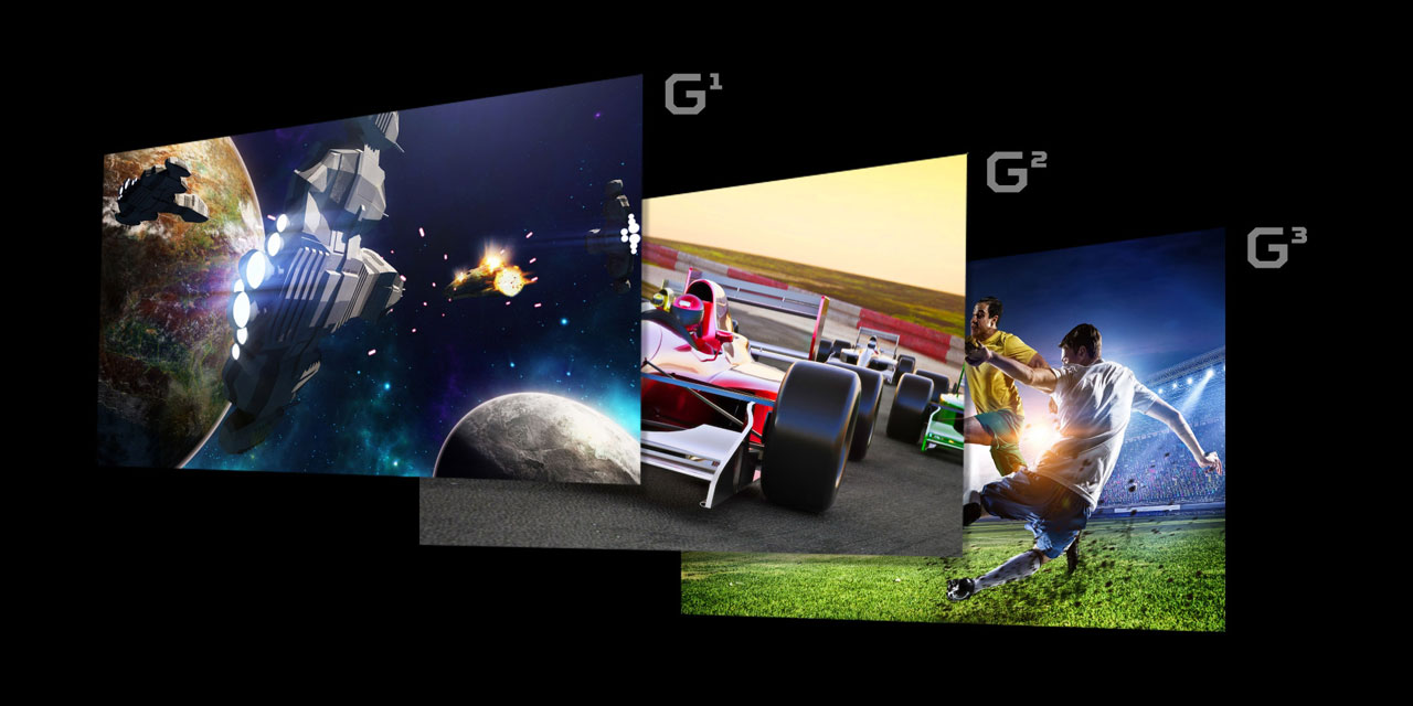  Three game screenshots, labelled G1, G2 and G3 respectively  