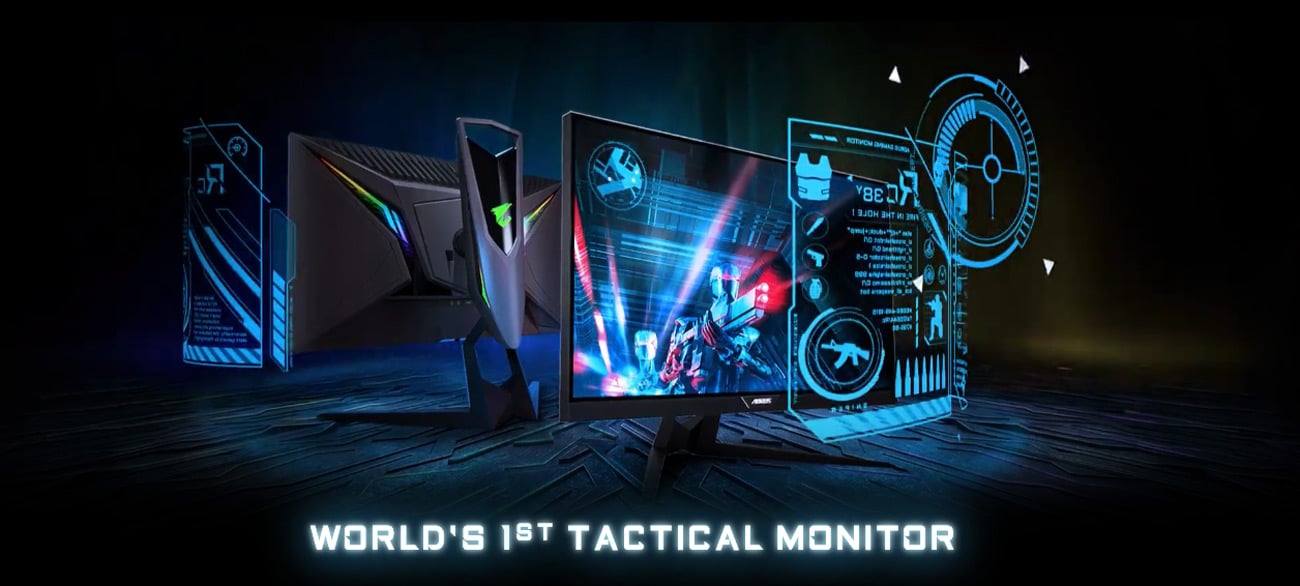 Two GIGABYTE AORUS KD25F Monitors, One Facing Away and the Other to the Right Next to a Graphical Overlay That Reads: 165Hz, 1ms, 1500R and ANC Audio. Below the Monitors Is Text That Reads: WORLD'S 1ST TACTICAL MONITOR