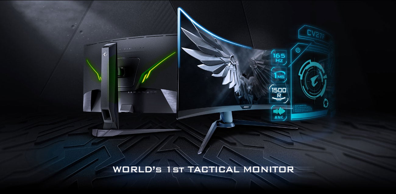 Two GIGABYTE AORUS CV27F Monitors, One Facing Away and the Other to the Right Next to a Graphical Overlay That Reads: 165Hz, 1ms, 1500R and ANC Audio. Below the Monitors Is Text That Reads: WORLD'S 1ST TACTICAL MONITOR