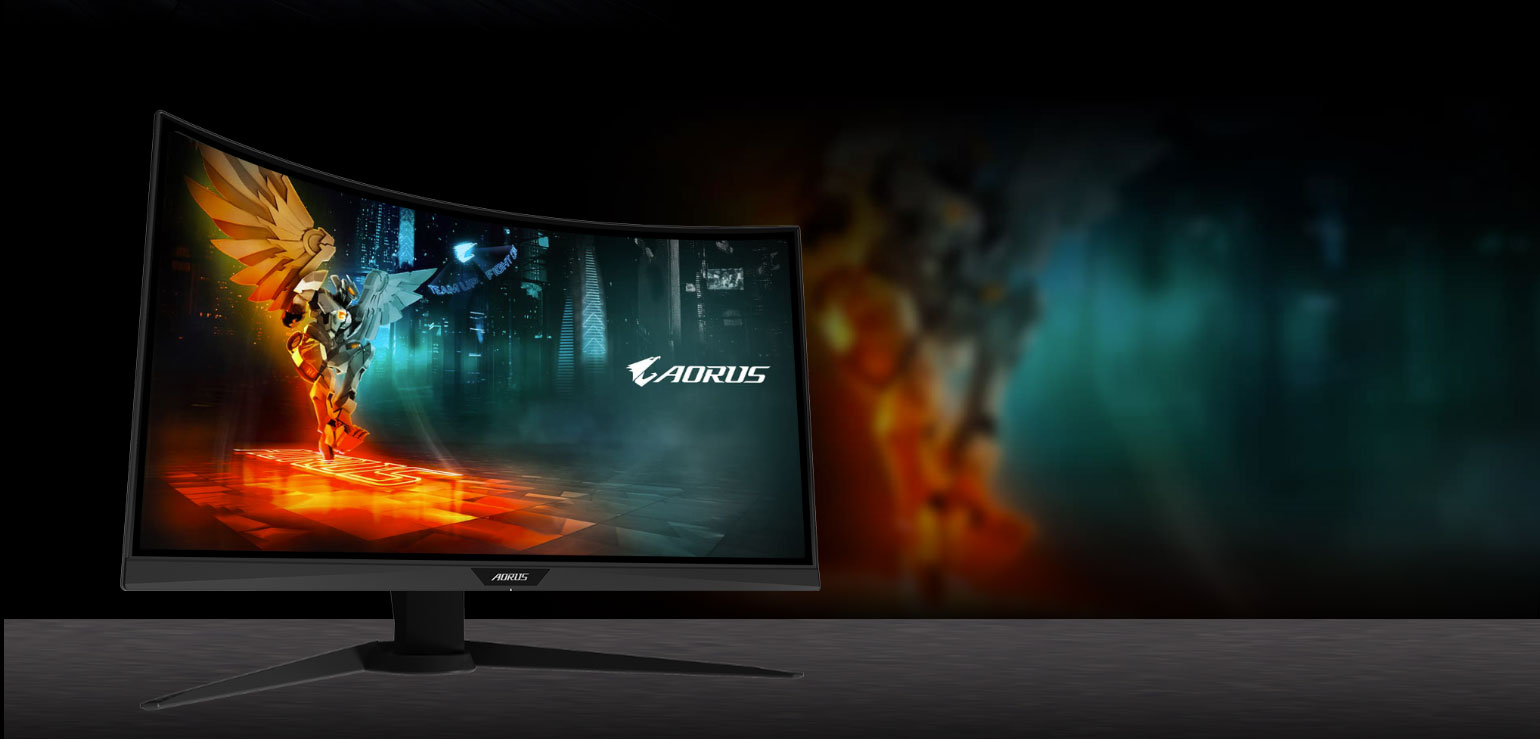 GIGABYTE AORUS CV27F 27 Monitor Angled to the Right with 90% DCI-P3 to show more powerful and sharper 