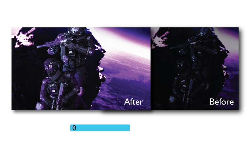 one image splited into two, showing difference effect between black equalizer on and off