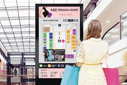 Horizontally Mounted Samsung Display showing a map of a mall as a female shopper views