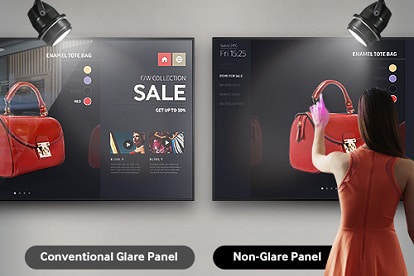 Samsung Displays showing purse ads as lights shine on them with no glare