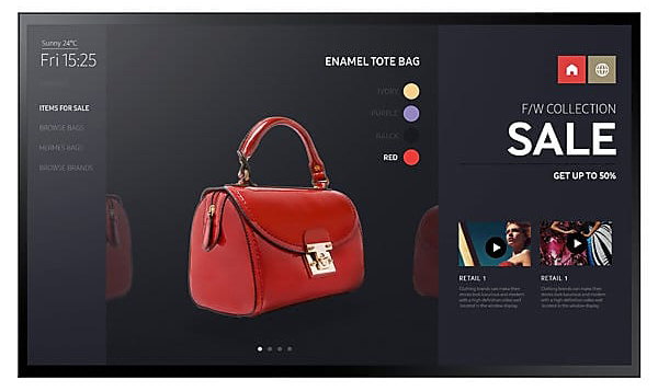 Samsung display showing a women's purse product page