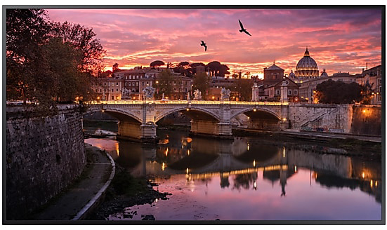 Samsung TV Facing Forward Showing a Bridge Over Water with a City at Twilight Hour and Birds Flying in the Sky