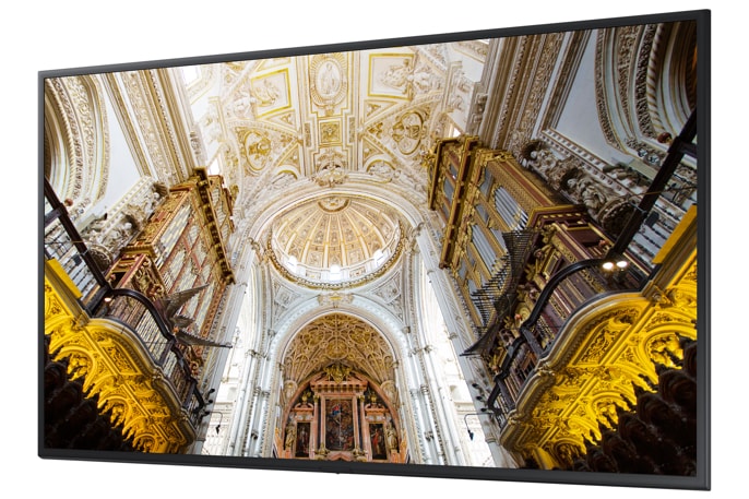 Samsung Display Angled to the Left, Showing the Inside of a Glamorous Cathedral's ceiling from the ground floor