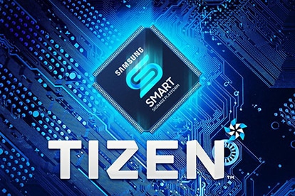 TIZEN logo in front of a graphic of the Tizen Samsung Smart Chip within Its Chipset, Glowing Blue