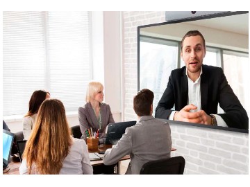 SAMSUNG QB75R-N Display Being Used for a Video Conference in a Meeting Room
