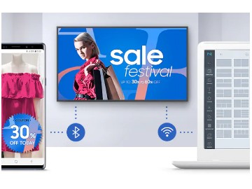 Smartphone Connecting to a Clothing Store's Mounted SAMSUNG QB75R-N Display which in turn is connecting to a laptop via Wi-Fi