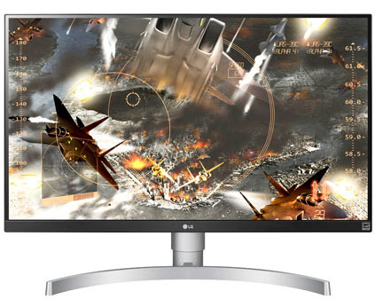 LG 27UK650-W Monitor Facing Forward with Jets and War Game Art on Screen