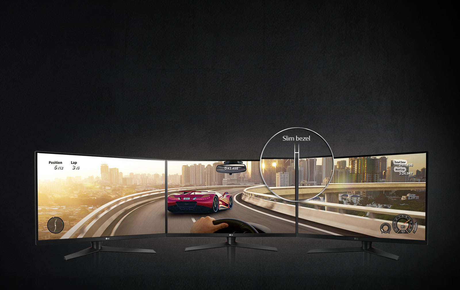 three LG 32GK650G-B monitors lined up connecting a single racing video game HUD on all three screens