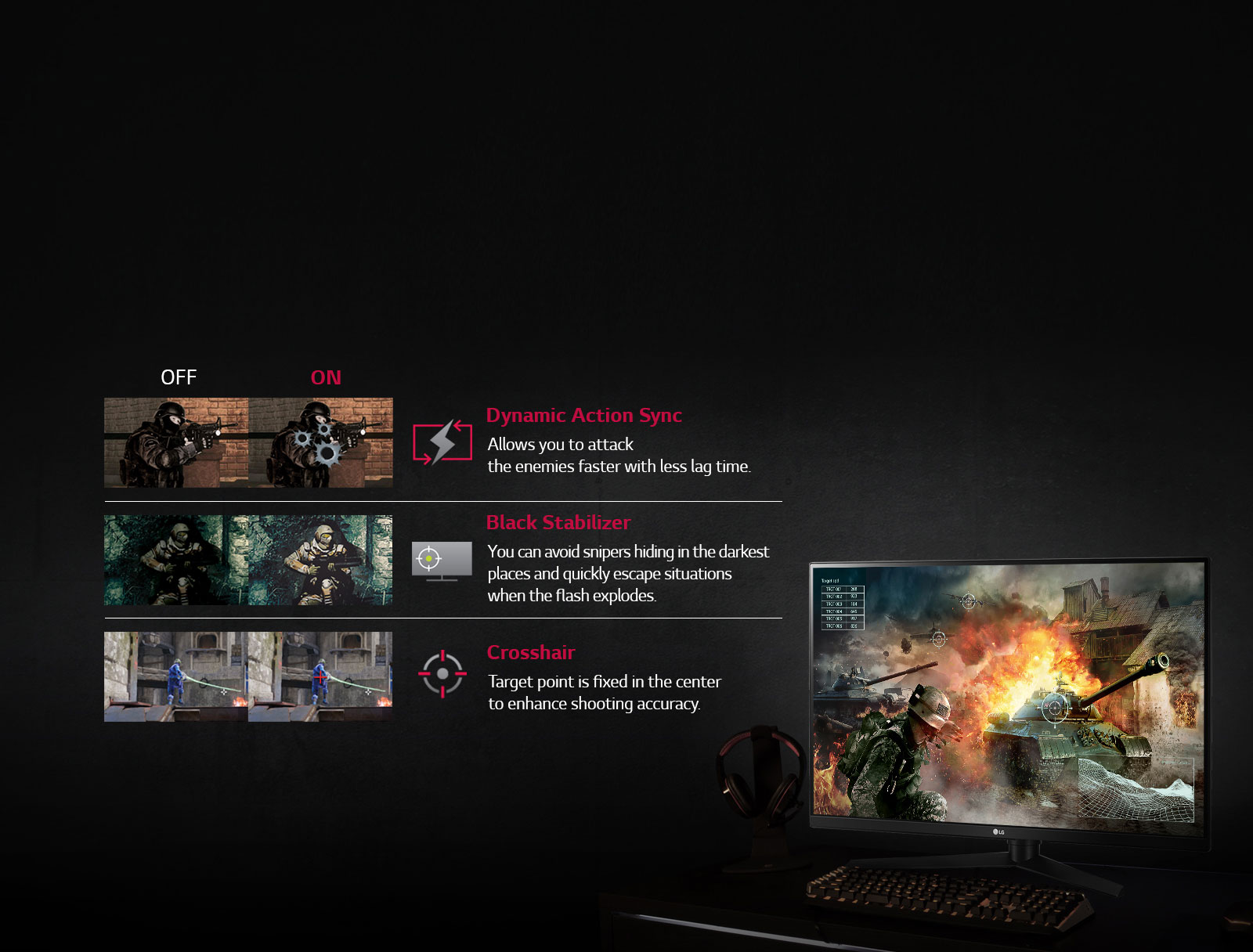 LG 32GK650G-B monitor next to a keyboard and headset on a stand. Next to the setup are images and text that indicate: Dynamic Action Sync - Allows your to attack the enemies faster with less lag time. Black Stabilizer - You can avoid snipers hiding in the darkest places and quickly escape situations when the flash explodes. Crosshair - Target point is fixed in the center to enhance shooting accuracy.