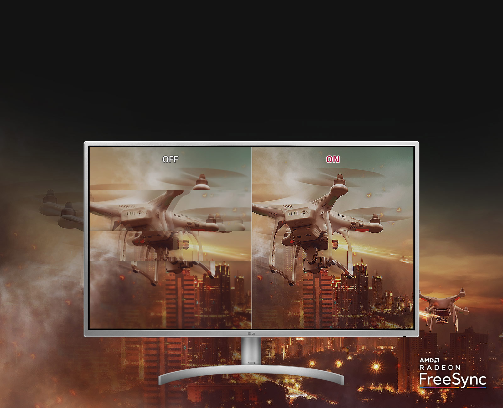 AMD Radeon FreeSync off and on examples on the LG 32QK500-W monitor. The on-screen image being tested is a drone flying over a smoky nighttime city
