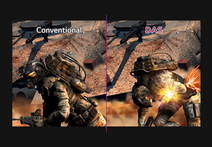 Split screenshot showing a fully-armed soldier in the desert with Conventional sync versus dynamic action sync