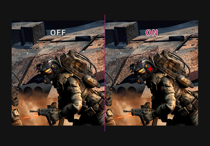 Comparison image showing a fully armed soldier leaning over and a red crosshair in the on side