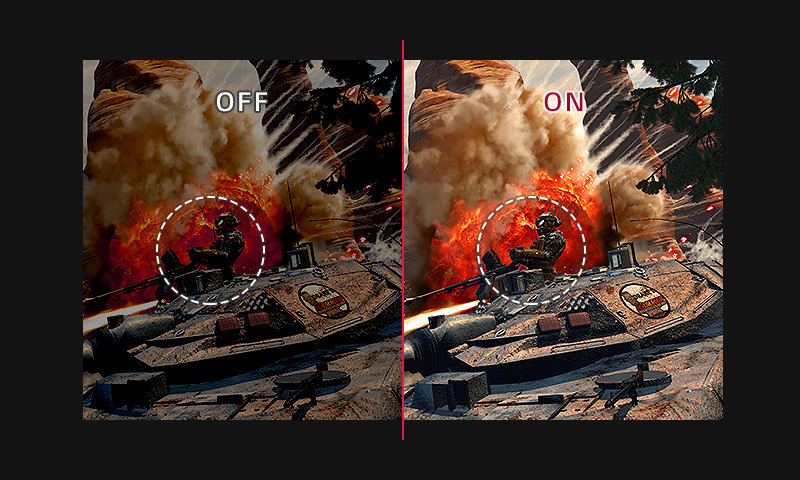 a image splited into two, showing difference between black stabilizer on and off