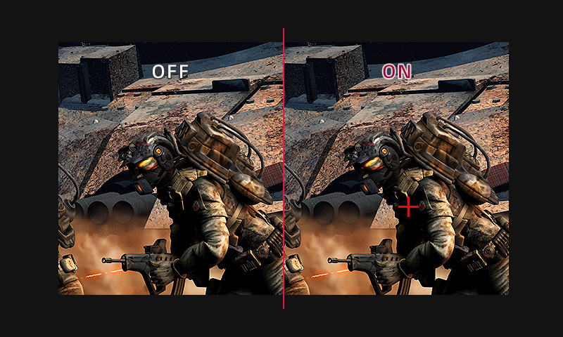 a image splited into two, showing difference between Crosshair on and off