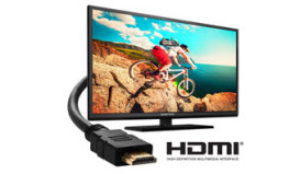HDMI Cable Next to a Sceptre Monitor Angled to the Right with a Mountain Biker Traversing Mountainous Terrain