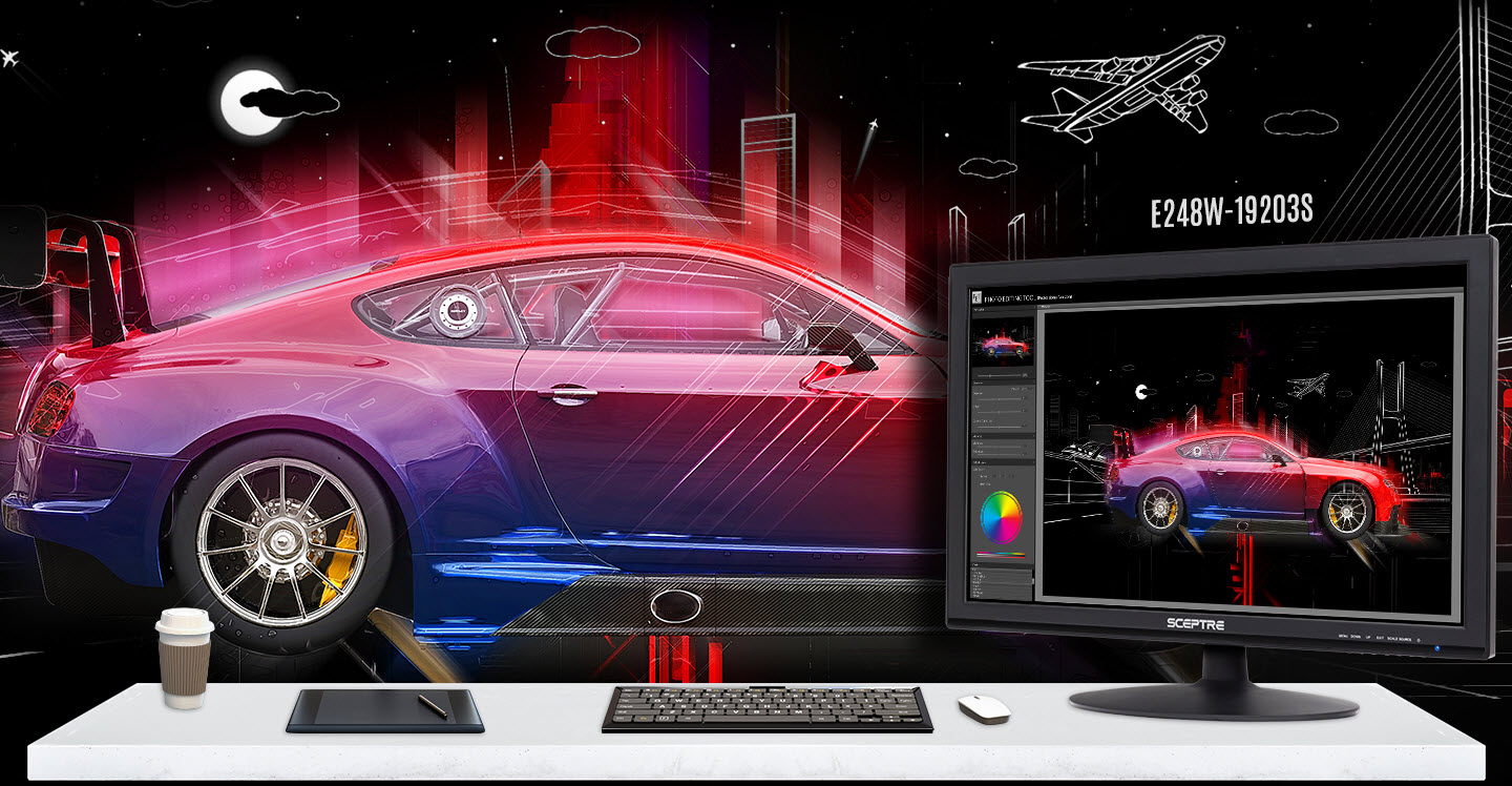Sceptre E248W-19203S Monitor Angled to the Left on a Designer's Desk Next to a Keyboard, Mouse, Pen + Drawing Tablet, Coffee and Background Image of the Sports Car He Is Designing