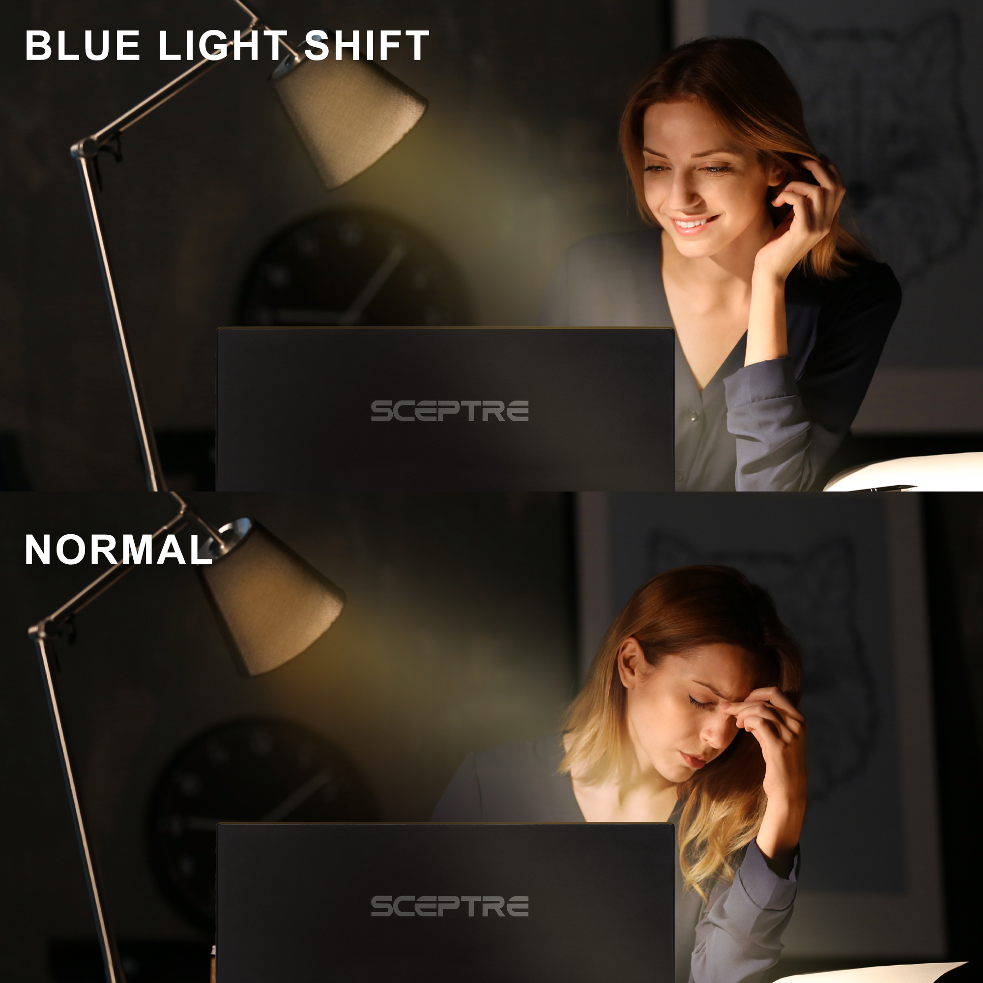 one image splited into two, showing different effect between blue light shift with and without