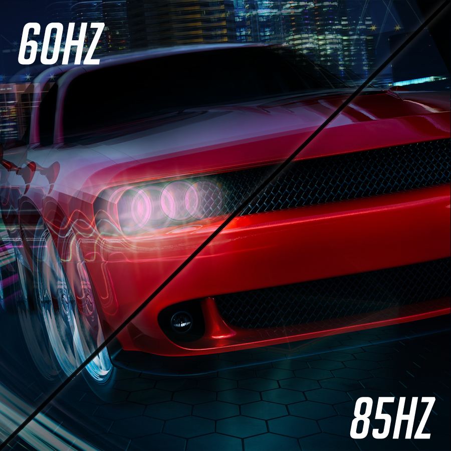 one image splited into two, showing different effect between 60Hz and 85Hz