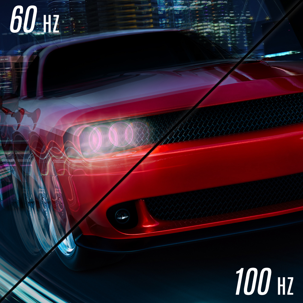 one image splited into two, showing different effect between 60Hz and 100Hz