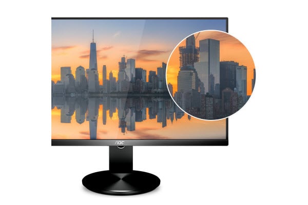 Zoomed-in Details of a City Skyline on the AOC U2790VQ Monitor
