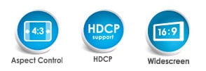 aspect control icon, HDCP icon and widescreen icon