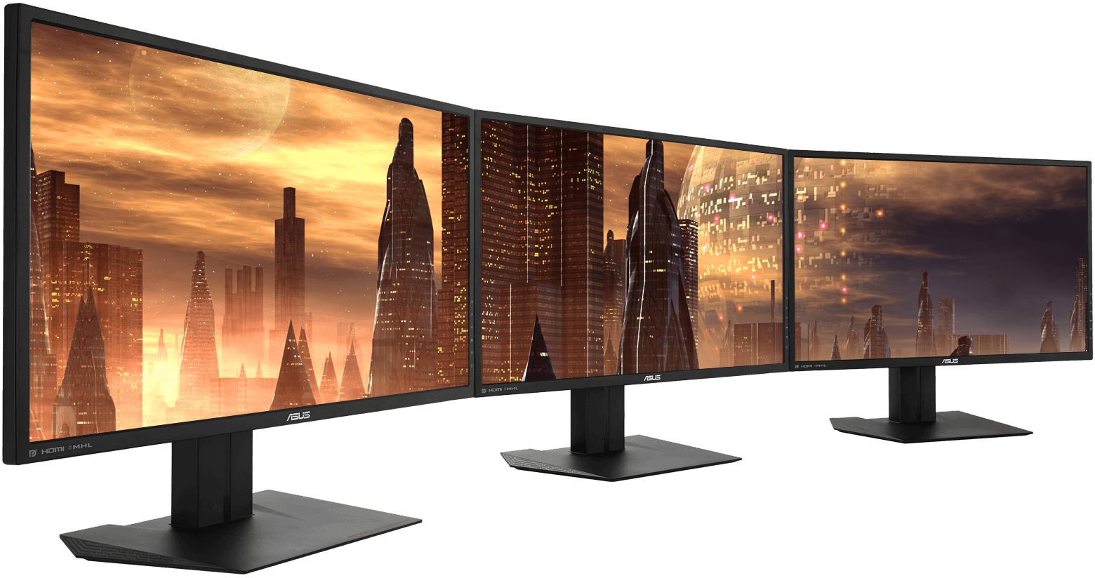 a city view image as screen crossing three monitors