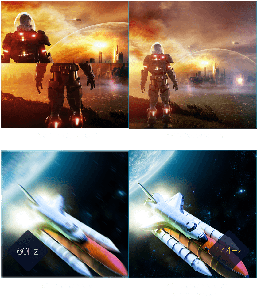 two same image showing different effect between FreeSync off and on, 60Hz and 144 Hz